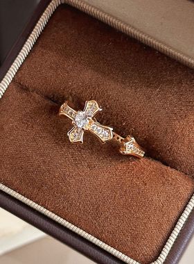 中古风潮牌十字架朋克戒指女满钻轻奢小众复古嘻哈开口指