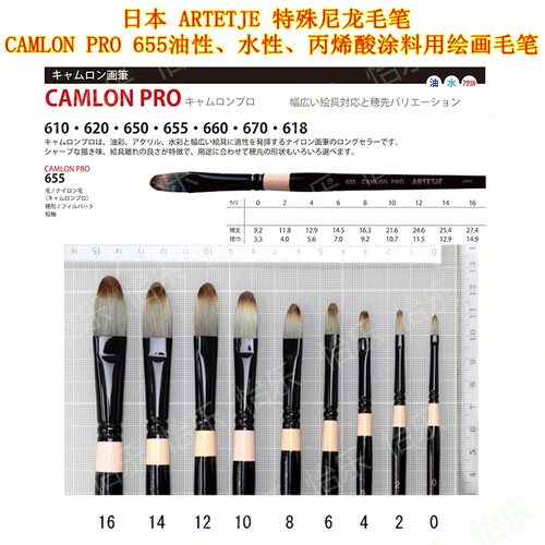 日本 BMC ARTETJE CAMLON PRO 655 扁平圆形 水彩 油画涂料毛笔