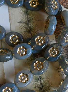 蛋白灰椭圆压制捷克珠玻璃散珠复古小花串珠材料14x11mm