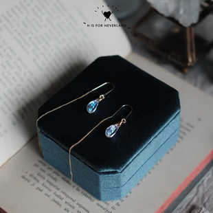 无寂幽谷*灵动露珠*蓝月光水滴暗浮雕钻切玻璃18k包金耳夹/耳线