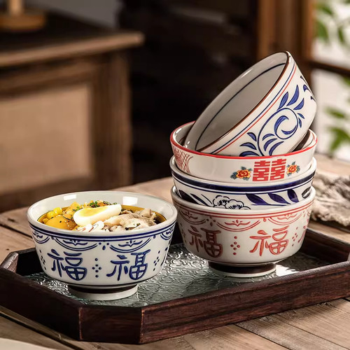 复古中式釉下彩陶瓷高脚防烫饭碗