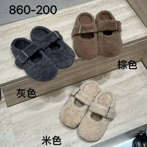 七彩青春2026秋冬真皮真毛勃肯鞋平底单鞋懒人鞋包头拖鞋860-200