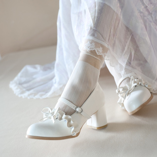 尖头玛丽珍高跟鞋粗跟气质高级不累脚白色小皮鞋舒适单鞋增高女鞋