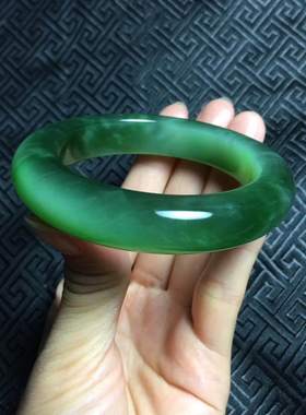 保证藏品55mm和田玉碧玉绿猫眼玉镯冰透水灵带证书