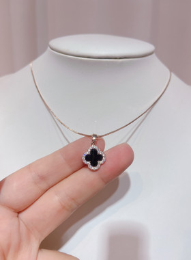 高档网红项链女四叶草 黑色吊坠 18k玫瑰金锁骨链夏天配饰 不掉色