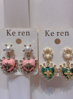D家设计师款耳环女 925纯银镇 珍珠爱心小耳坠粉色绿色心形耳钉