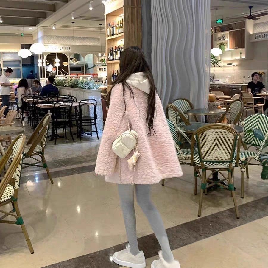 秋冬粉色加厚保暖V领毛毛外套女