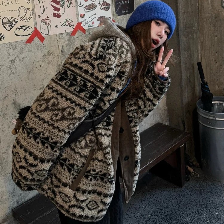 美式复古仿羊羔毛一体外套女保暖