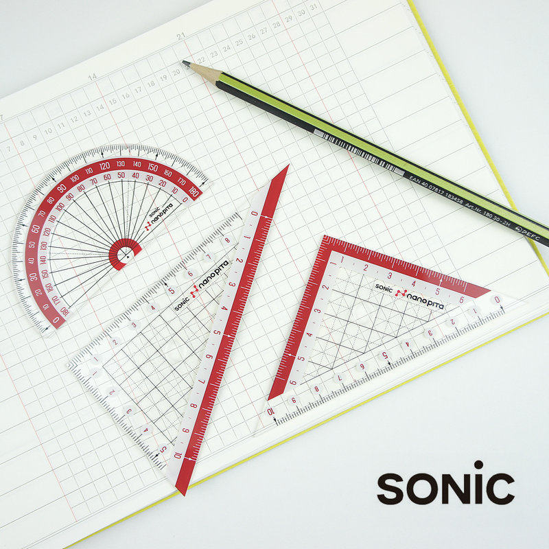 일본의 SONIC 초등학생 눈금자 각도기 삼각형 눈금자 세트 빨간색과 검정색 투명 미끄럼 방지 및 내마모성