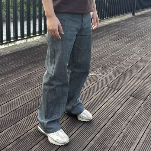 湖水绿25盎司646丹宁原牛A字硬挺宽松直筒微喇堆积牛仔裤男女