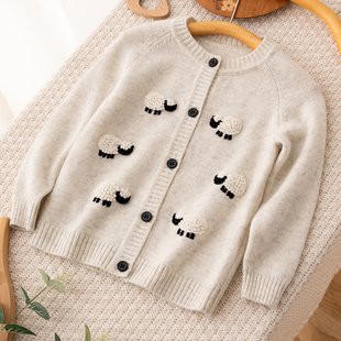 秋冬新款男女宝宝羊绒开衫手工绣花小羔羊厚毛衣儿童针织外套洋气
