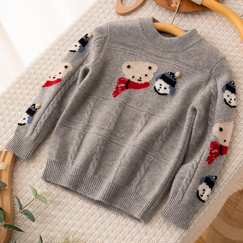 男童羊绒衫儿童毛衣100%山羊绒儿童套头衫宝宝可爱小熊手工针织衫