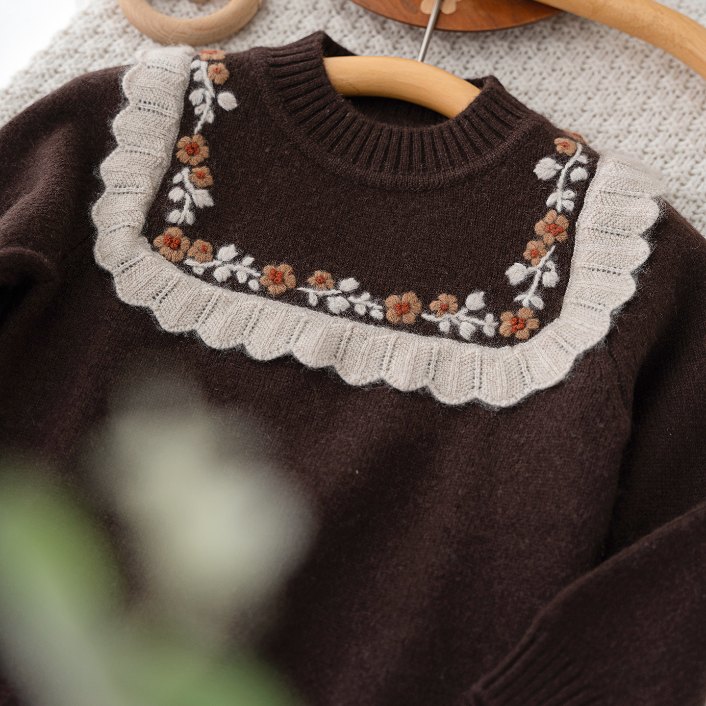 女童羊绒衫婴幼儿宝宝毛衣加厚花边打底衫甜美手工做花针织毛线衫