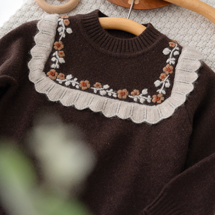 女童羊绒衫婴幼儿宝宝毛衣加厚花边打底衫甜美手工做花针织毛线衫