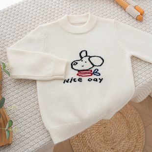 男女童100纯山羊绒衫大 中小童宝宝秋冬毛衣白色加厚可爱卡通小狗