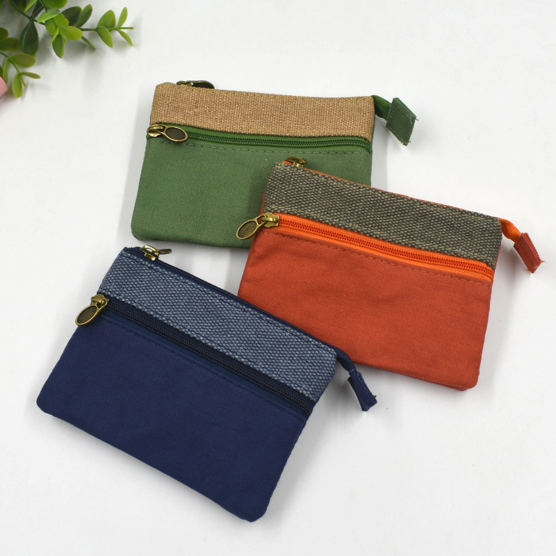 复古帆布拉链多层布艺小钱包