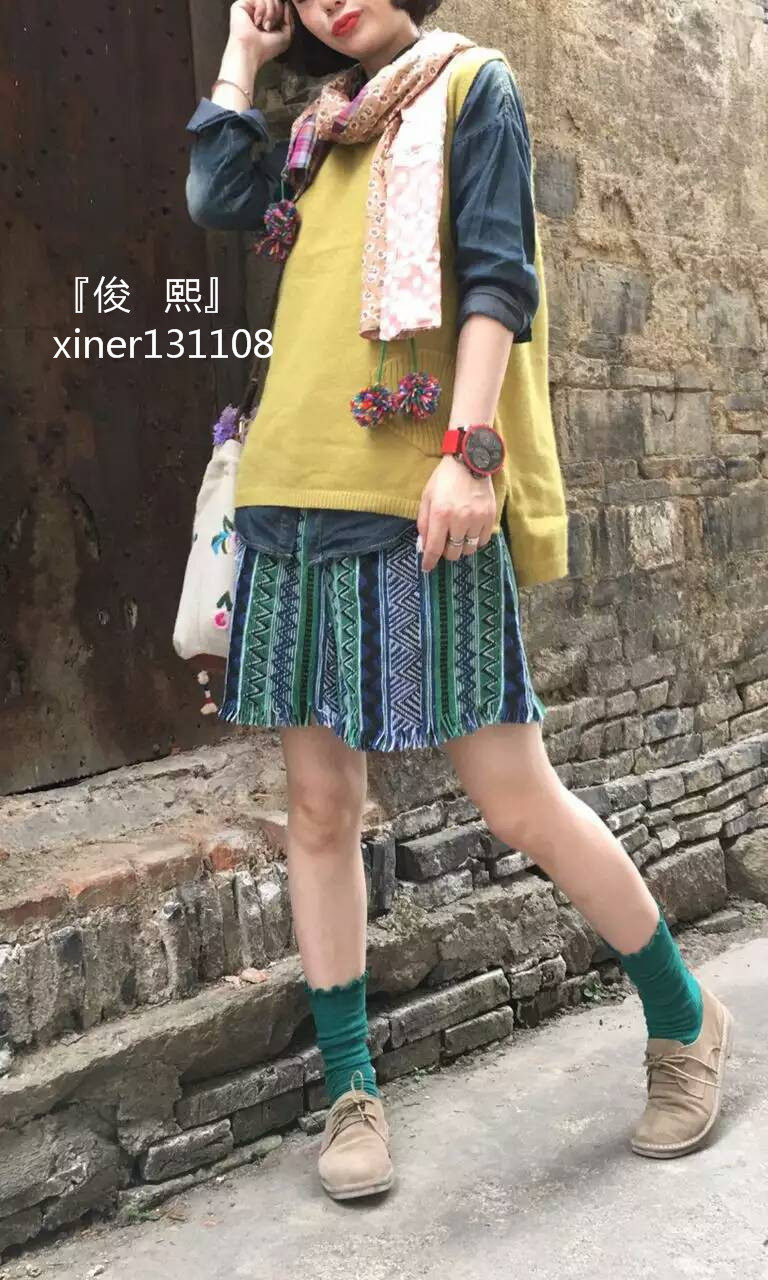 『俊熙』复古民族风原单几何撞色拼接流苏半裙显瘦短款a字裙春秋