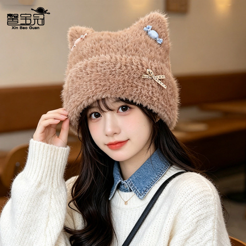 冬季保暖护耳帽子女甜美可爱猫耳针织帽韩版百搭显脸小套头毛线帽