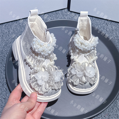 秋冬新款女童2025短靴珍珠花朵公主靴儿童靴子皮靴时尚儿童马丁靴