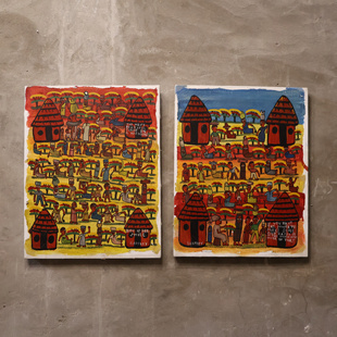 非洲坦桑尼亚旅行带回小众画家部落彩色生活场景人物画原作原稿