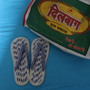 印度旅行带回全手工棉线编织蓝白相间舒适chill拖鞋