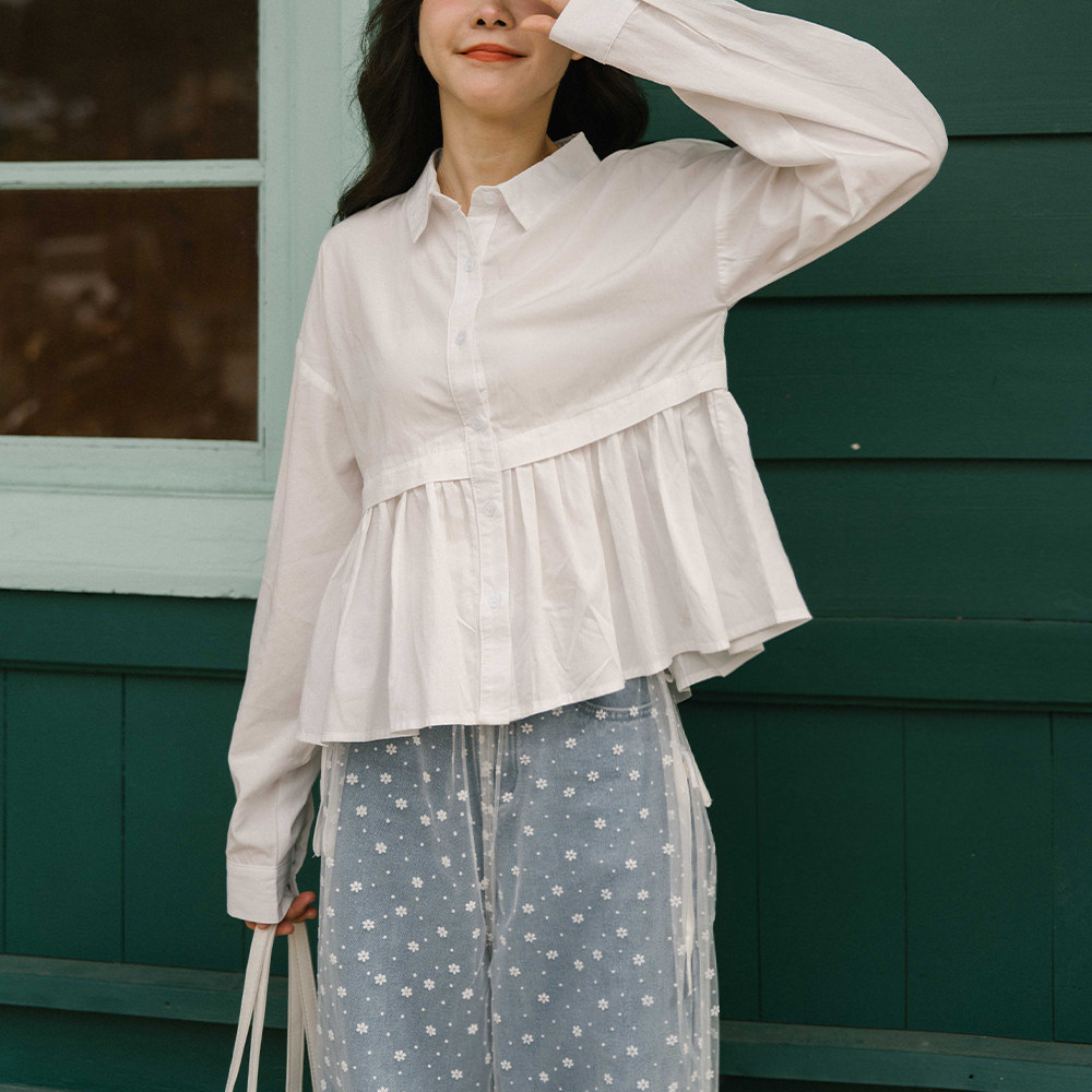 QUEENSHOP 2025秋冬新品女装日系剪接伞摆设计长袖衬衫