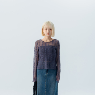 蕾丝透肤木耳边设计上衣 女装 紫01099486 2026春夏新品 QUEENSHOP