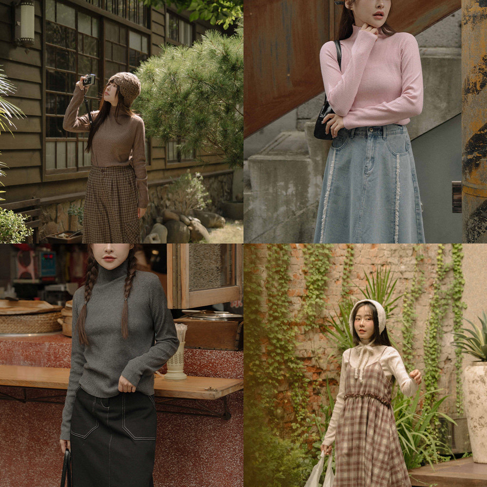 QUEENSHOP 2025秋冬新品女装简约坑条针织高领上衣01