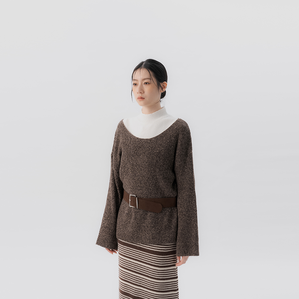 蕾蒂花纱U领附腰带宽版针织毛衣