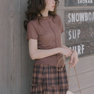 QUEENSHOP 2026春夏新品女装木耳边中线小立领透肤上衣01099606