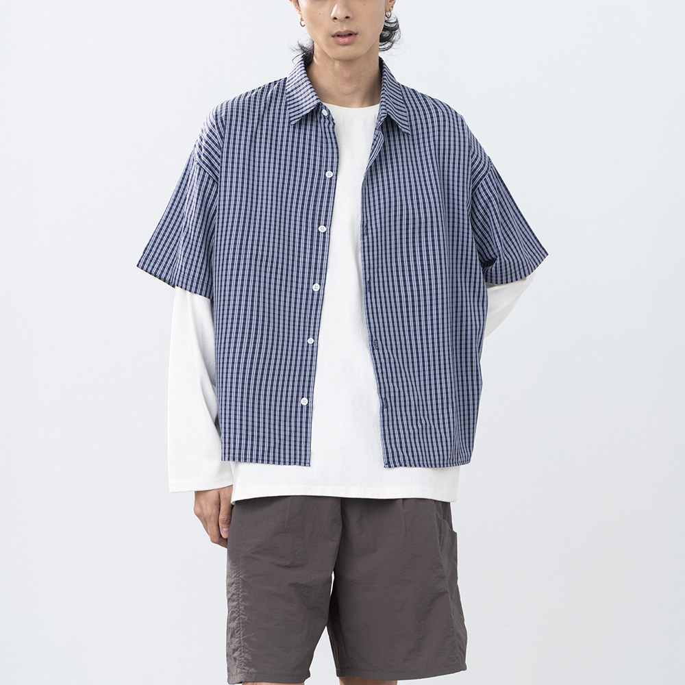QUEENSHOP2026春夏新品男装经典格纹刺绣字短袖衬衫-蓝01025812