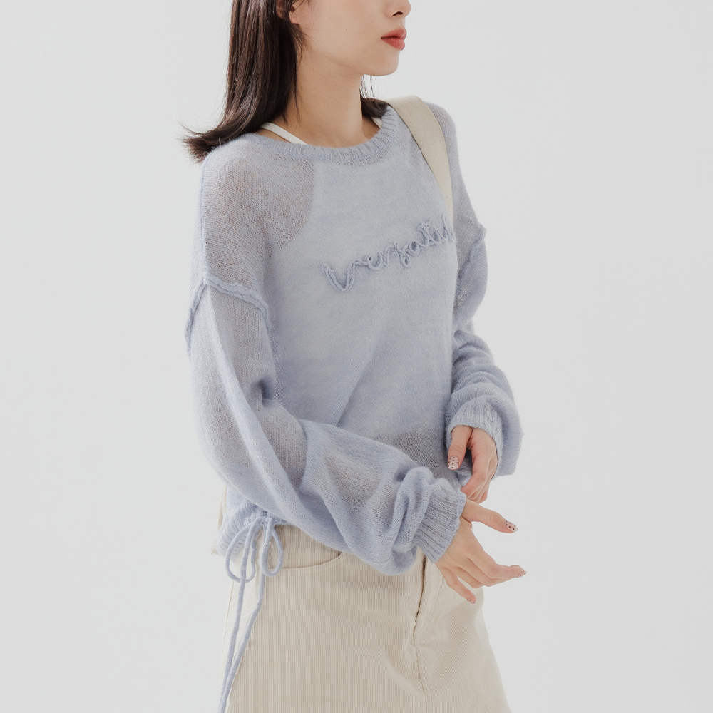 质感下摆抽皱英文绣字针织上衣