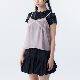 荷叶V领皱皱网纱细肩背心 女装 粉01099646 2026春夏新品 QUEENSHOP