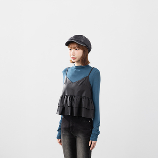 质感双层荷叶细肩皮革背心01099463 女装 QUEENSHOP 2025秋冬新品