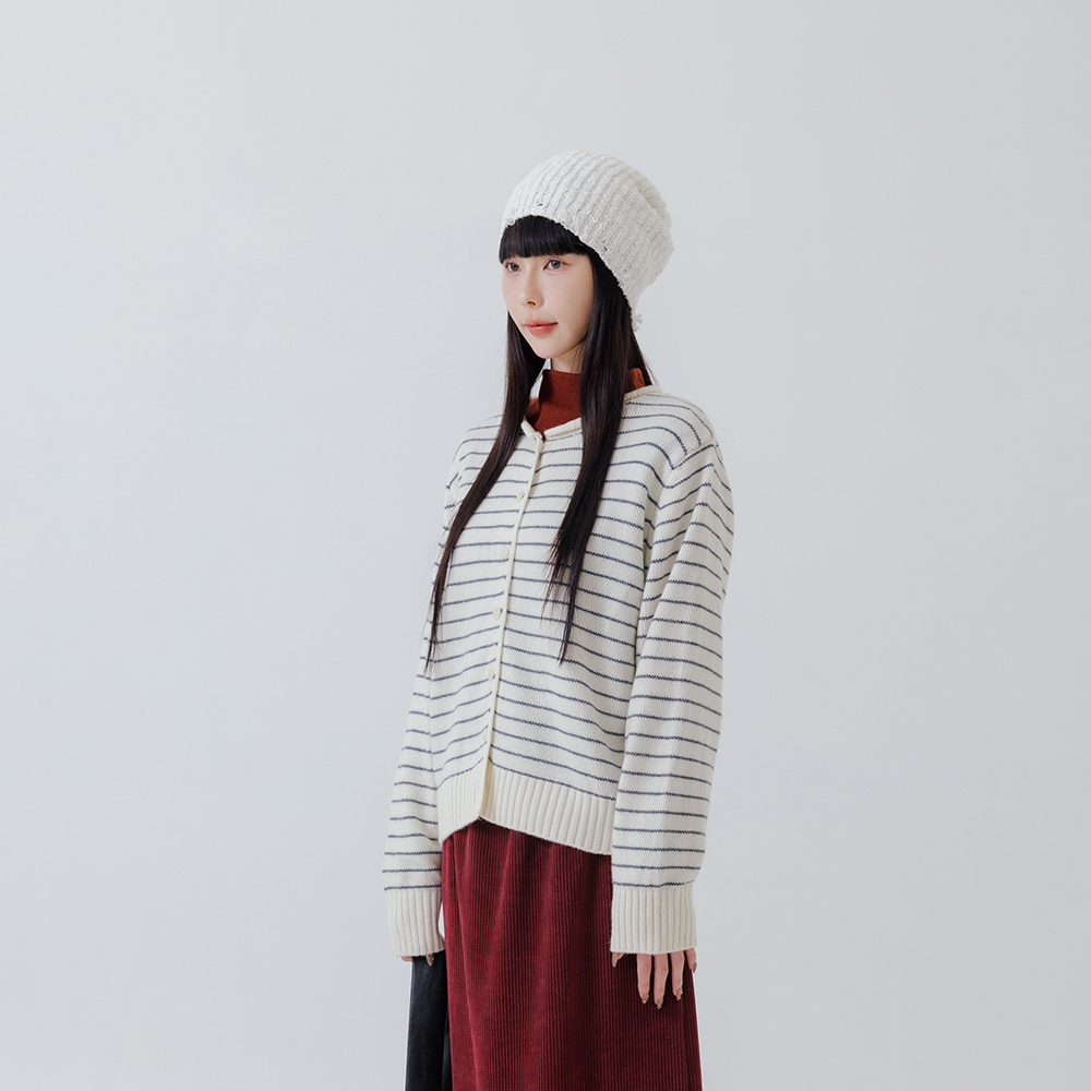 卷边条纹设计排扣针织外套