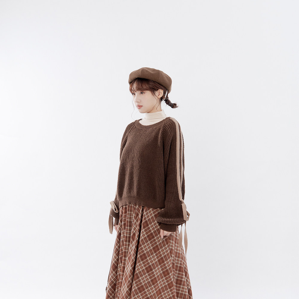 QUEENSHOP 2025秋冬新品女装配色蝴蝶结绑带针织长袖毛