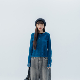 蕾丝透肤木耳边设计上衣 女装 蓝01099485 2026春夏新品 QUEENSHOP