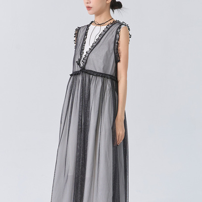 荷叶金葱透纱两穿罩衫连衣裙