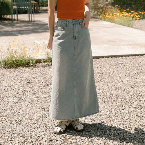 刷旧直筒后开衩牛仔半身长裙