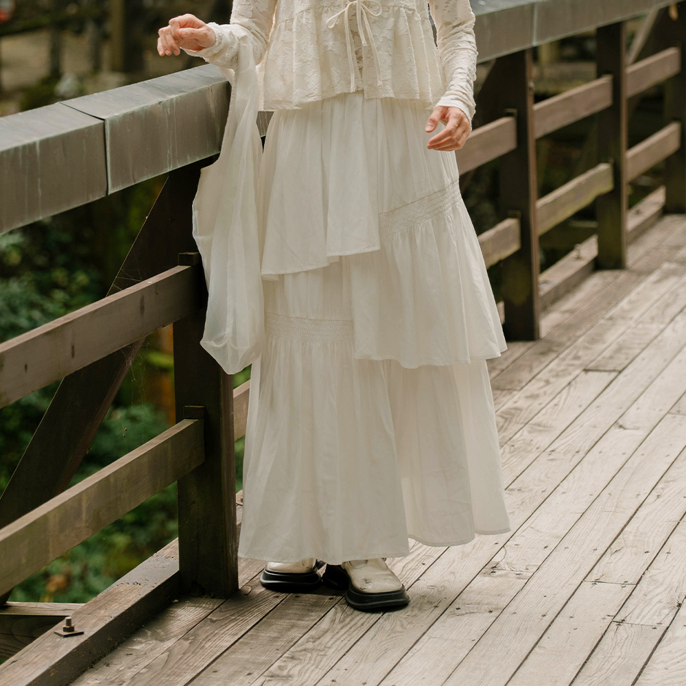 不对称细褶设计蛋糕长裙