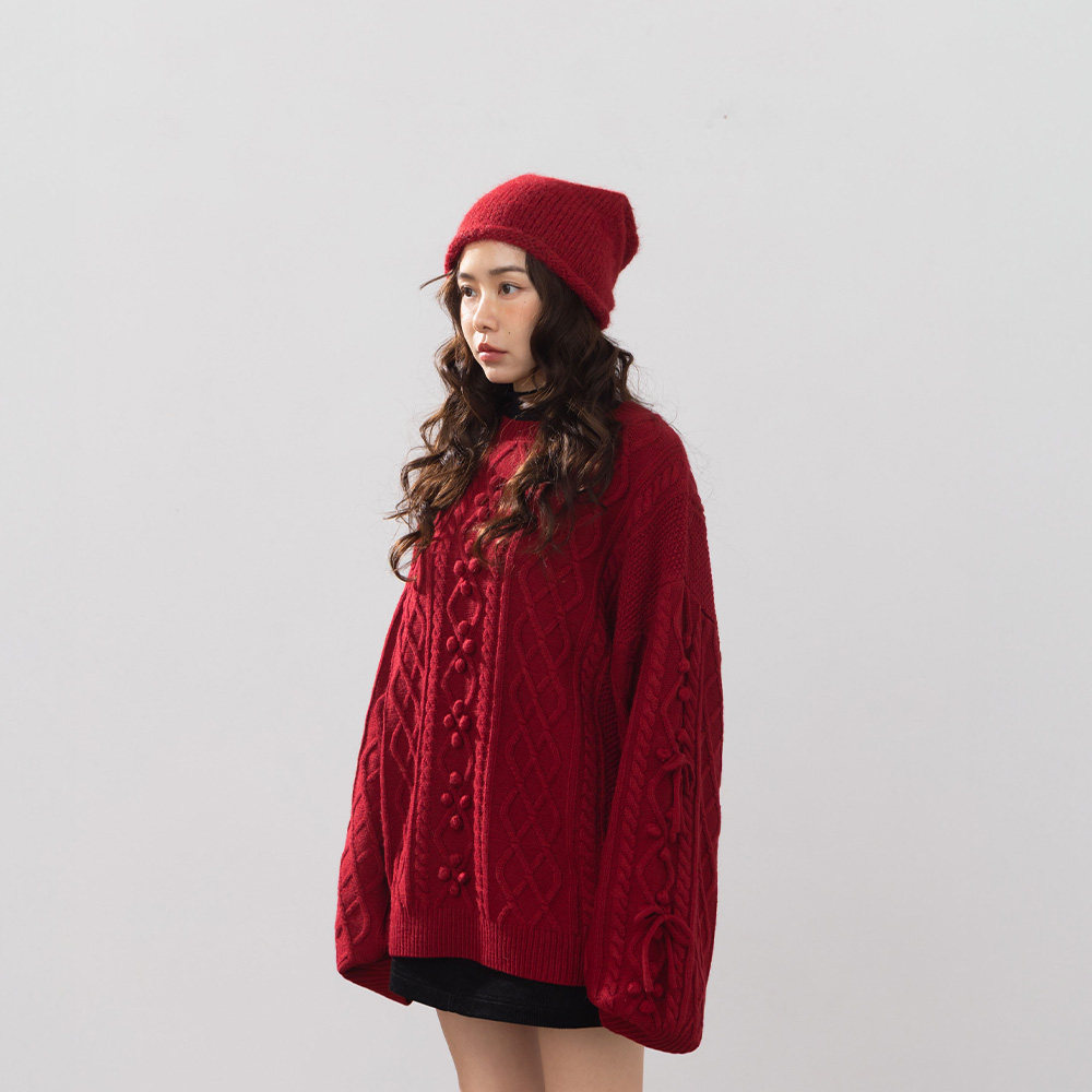 QUEENSHOP 2025秋冬新品女装立体蝴蝶结小球麻花针织毛衣01013508