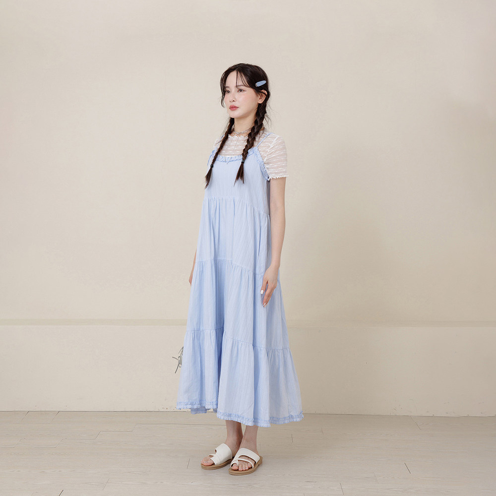 QUEENSHOP 2026春夏新品女装立体荷叶缇花蛋糕连衣裙-蓝01087286