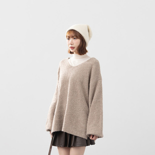 QUEENSHOP 2025秋冬新品女装减龄花纱毛感后绑带澎袖毛衣01071225