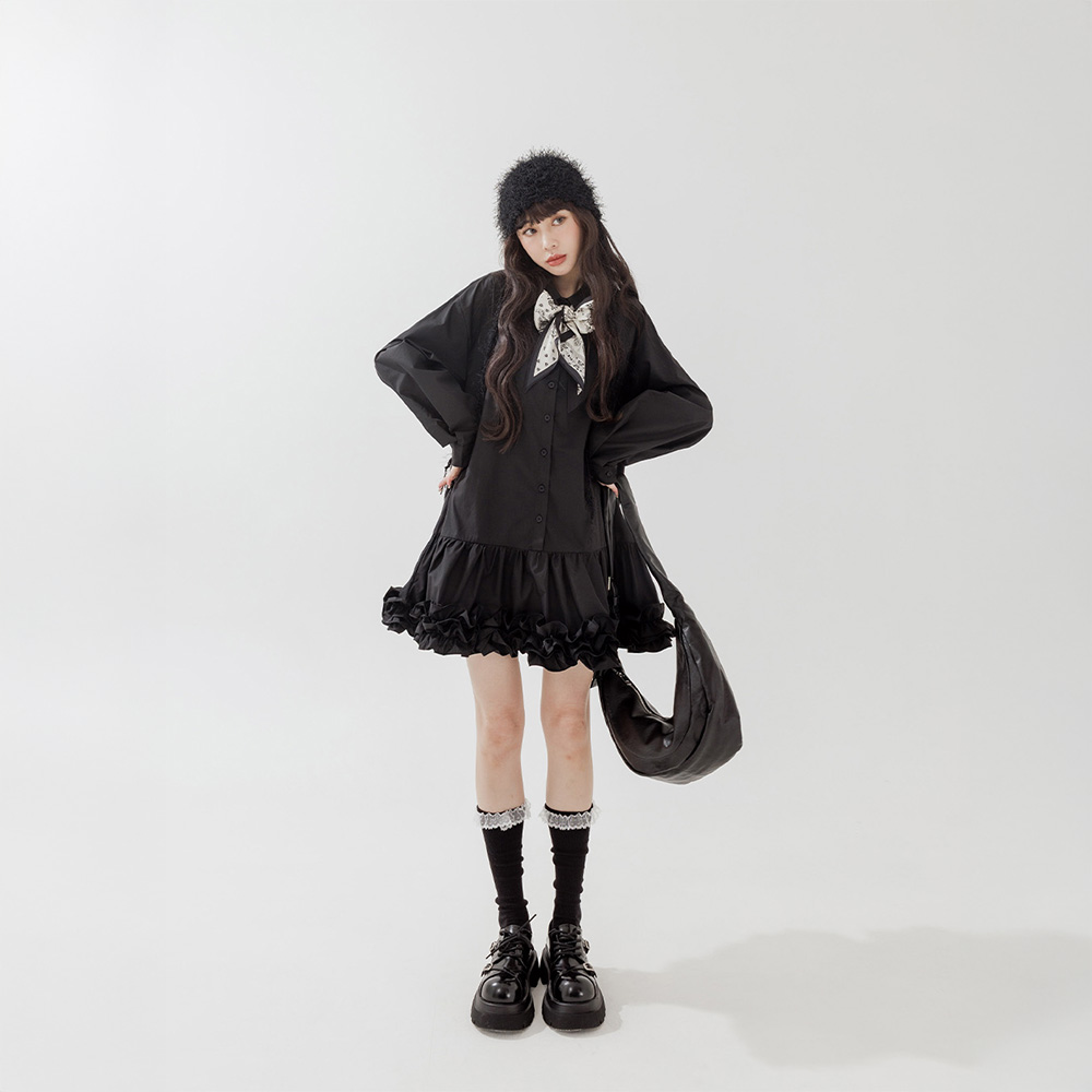 皱皱荷叶造型衬衫短连衣裙