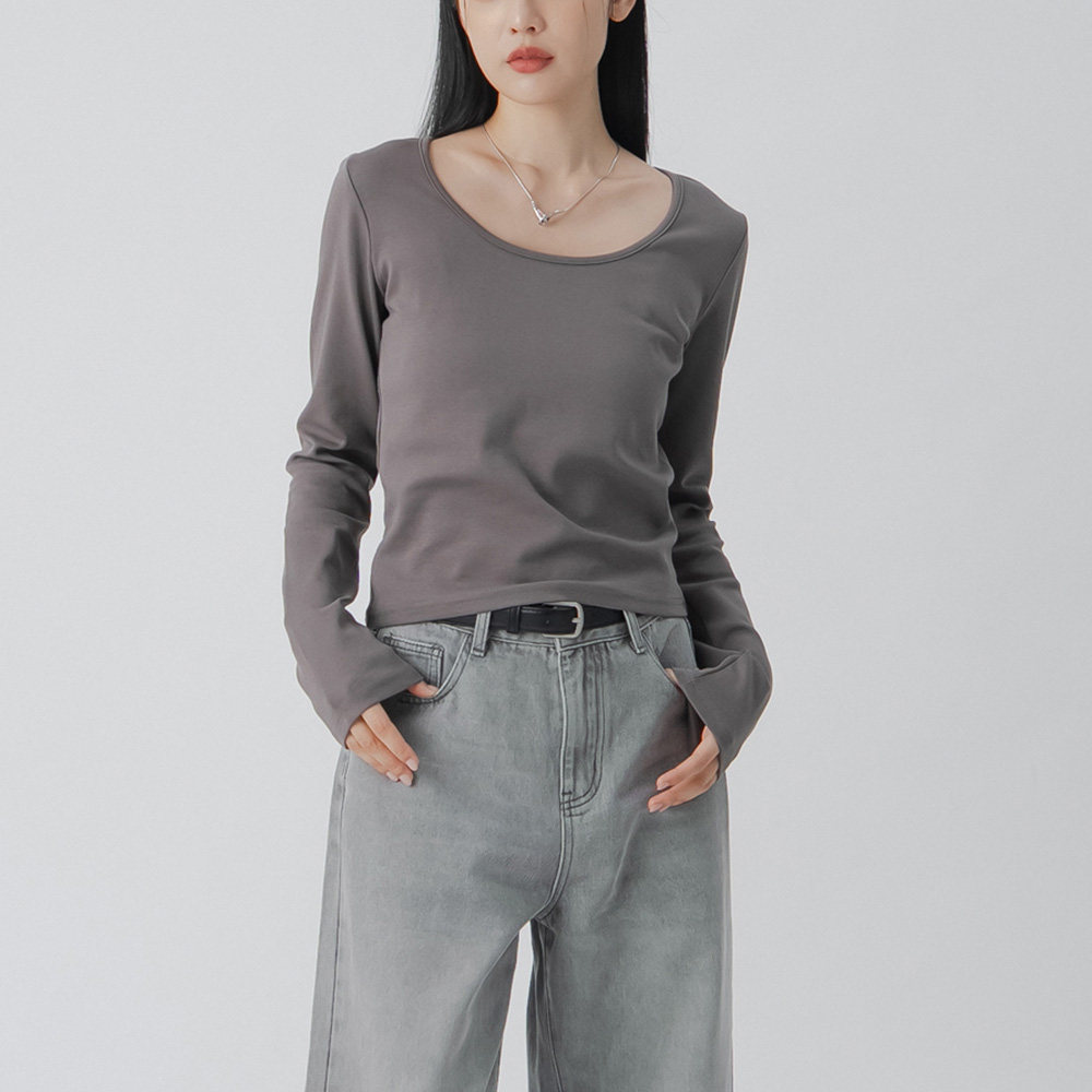 QUEENSHOP 2025秋冬女装蕾蒂简约素面U领合身上衣-深灰01099317