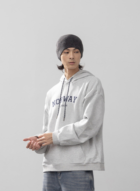 QUEENSHOP2025秋冬新品男装NORWAY刺绣休闲连帽卫衣-花灰01099454