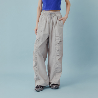 剪接抓皱拉链口袋工装长裤