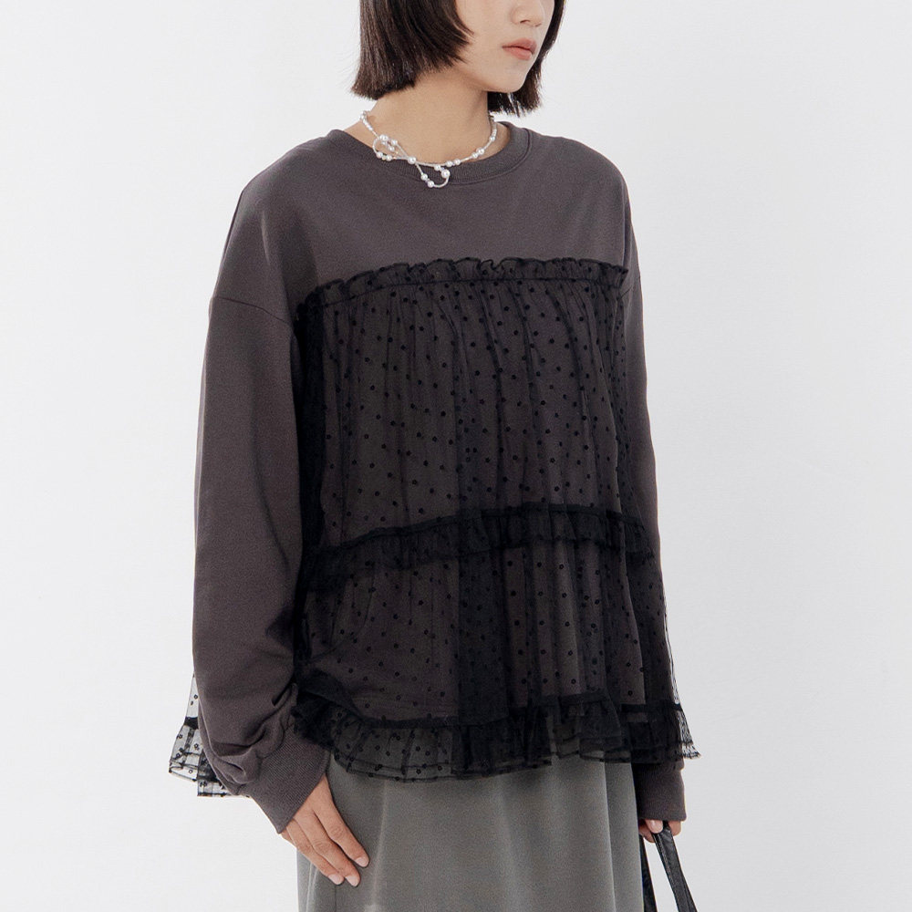 QUEENSHOP 2025秋冬新品女装荷叶小花透纱剪接设计卫衣