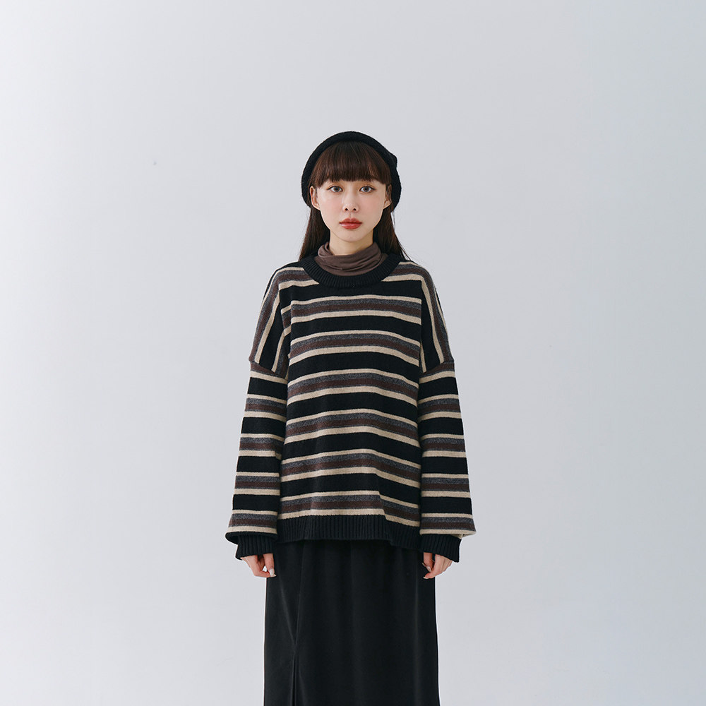 QUEENSHOP 2025秋冬新品女装条纹造型宽版针织长袖毛衣