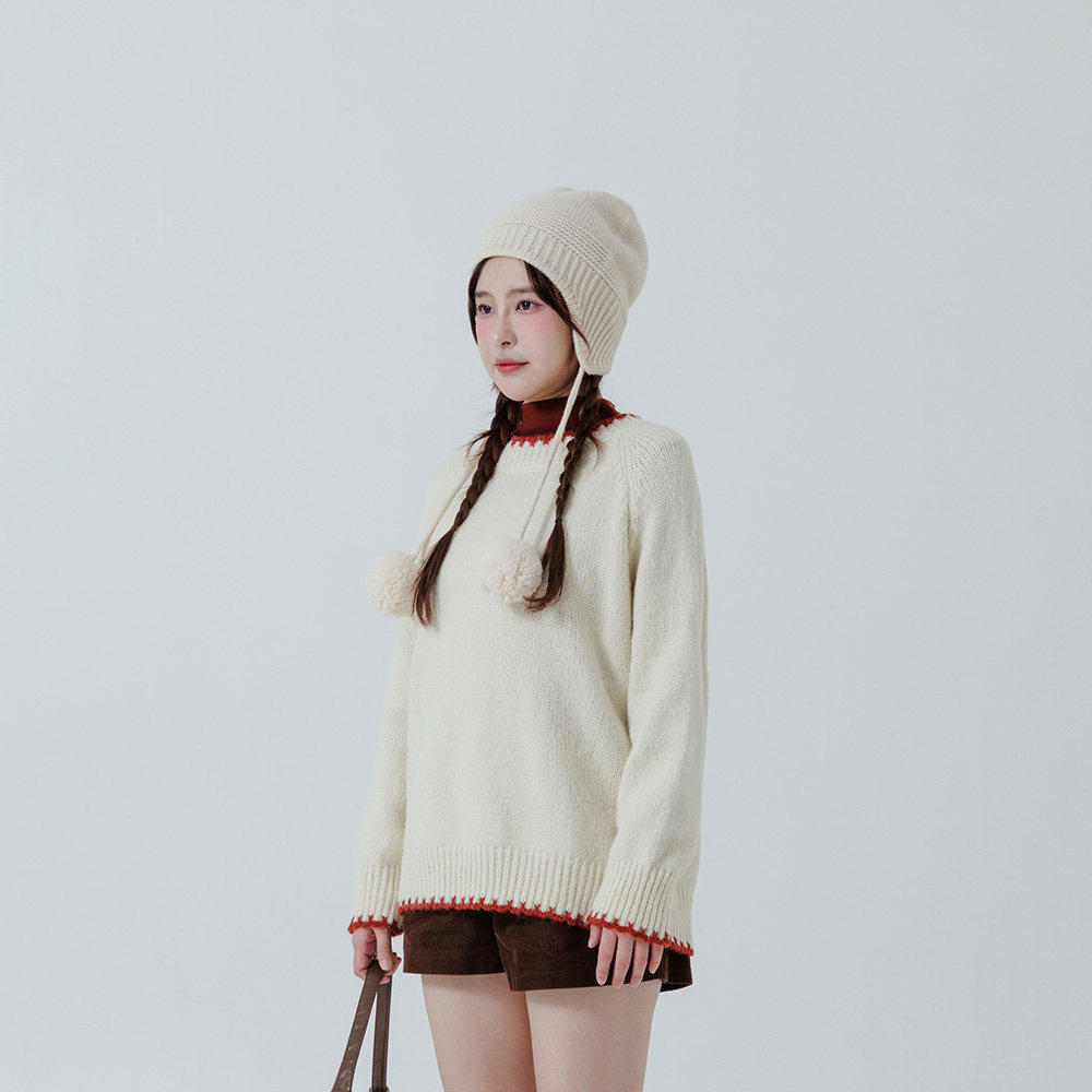 QUEENSHOP 2025秋冬新品女装配色花边设计针织长袖毛衣